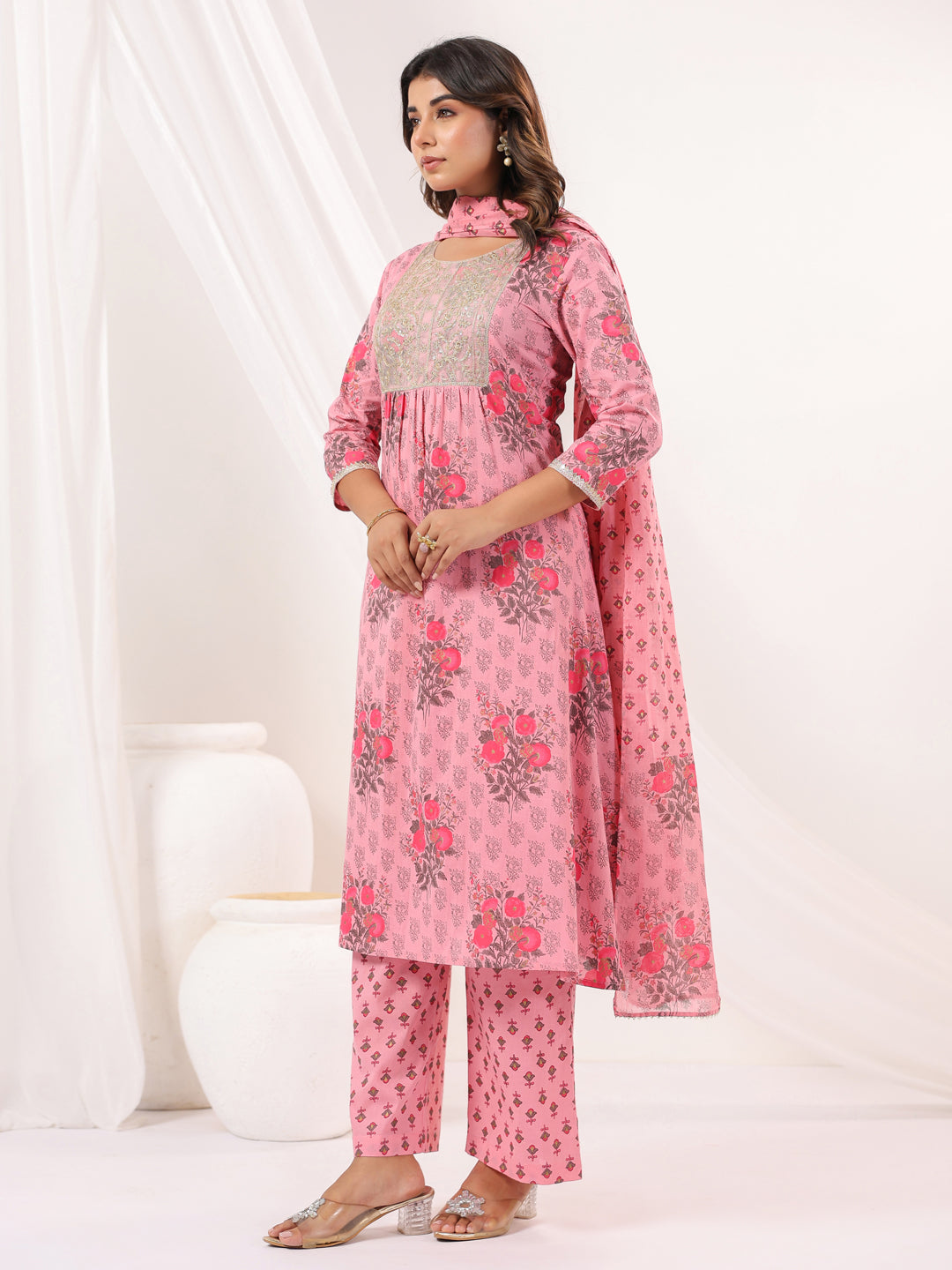 Janasya Light Cotton Floral A-Line Kurta Set | Swadesiicart