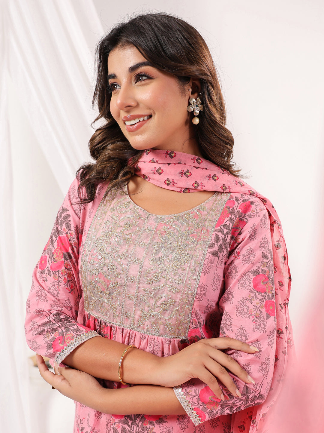 Janasya Light Cotton Floral A-Line Kurta Set | Swadesiicart