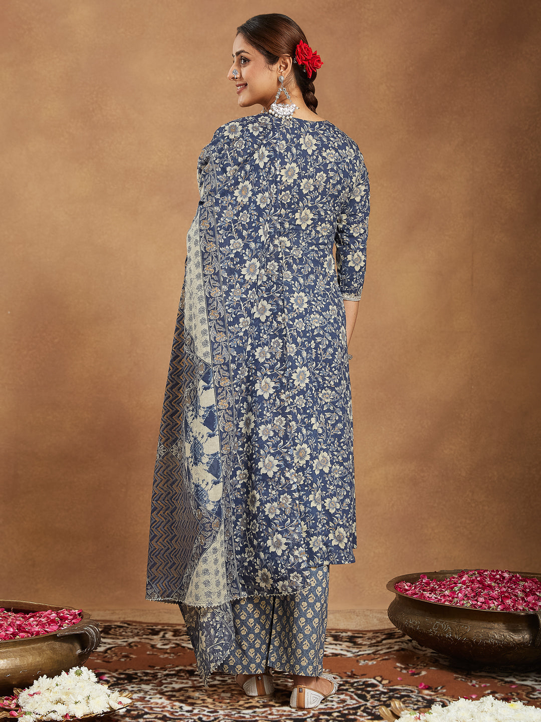 Janasya Dark Cotton Floral Anarkali Kurta Set | Swadesiicart