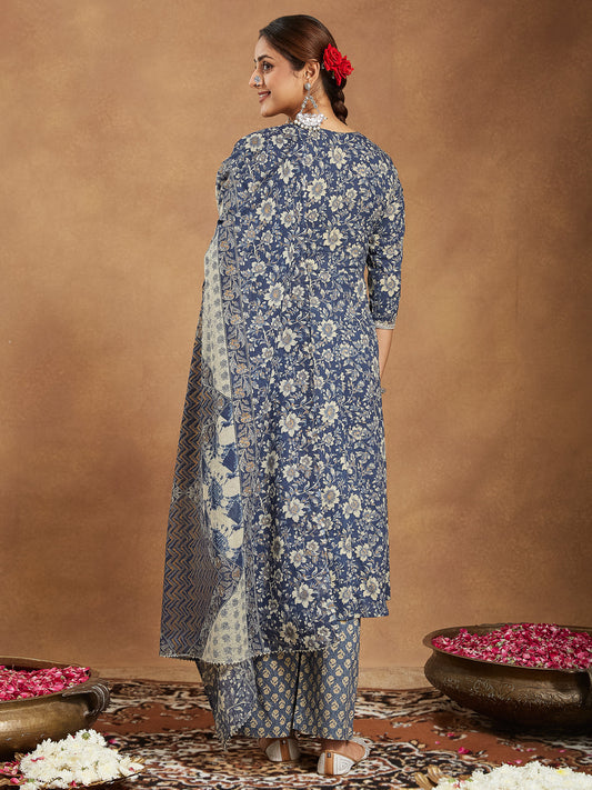 Janasya Dark Cotton Floral Anarkali Kurta Set | Swadesiicart