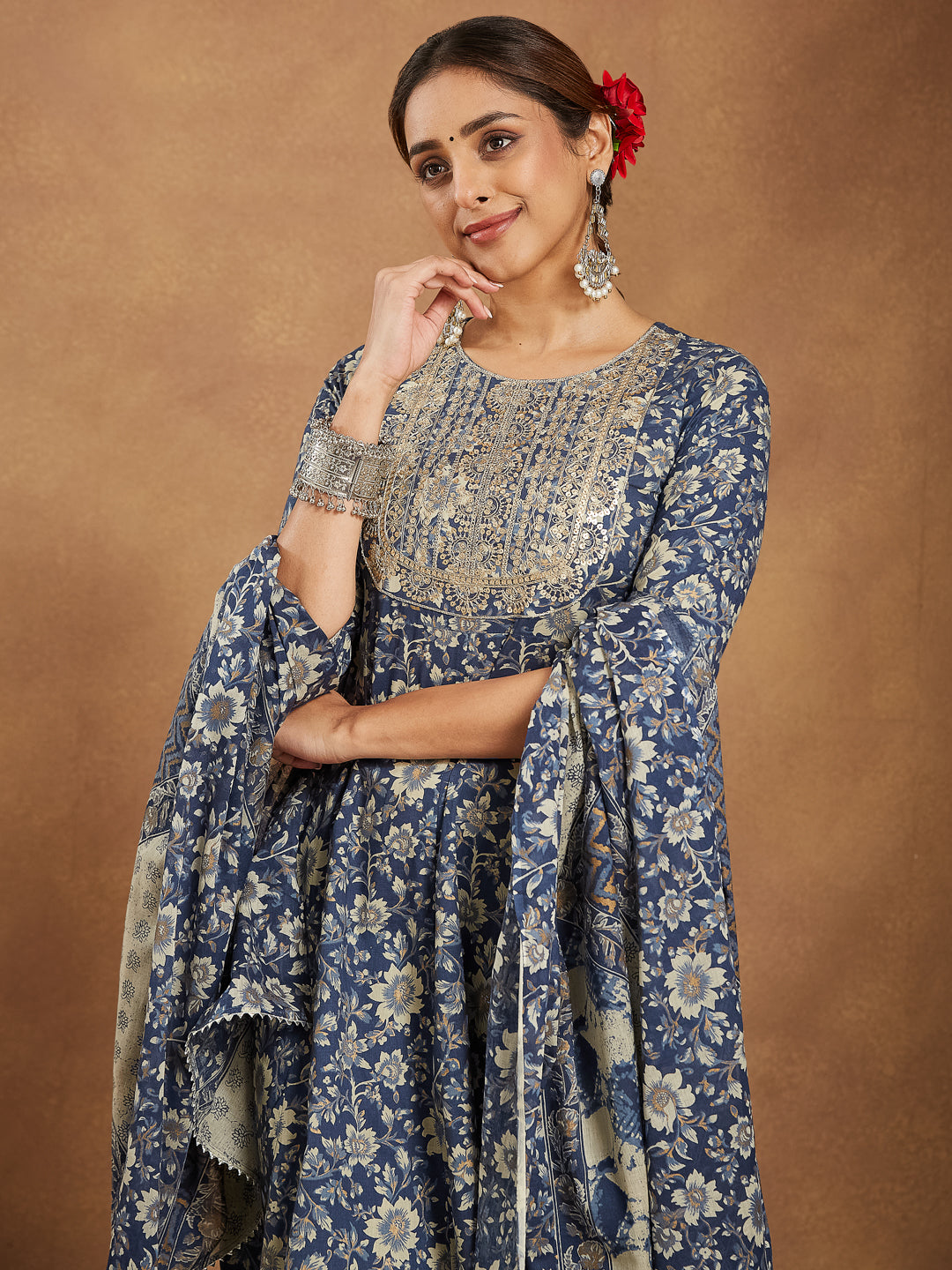 Janasya Dark Cotton Floral Anarkali Kurta Set | Swadesiicart