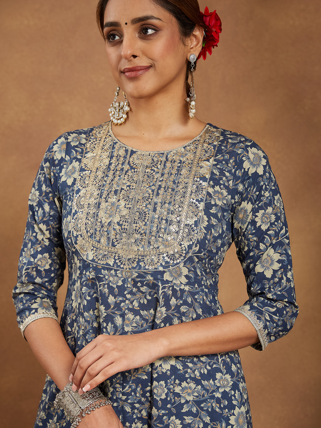 Janasya Dark Cotton Floral Anarkali Kurta Set | Swadesiicart