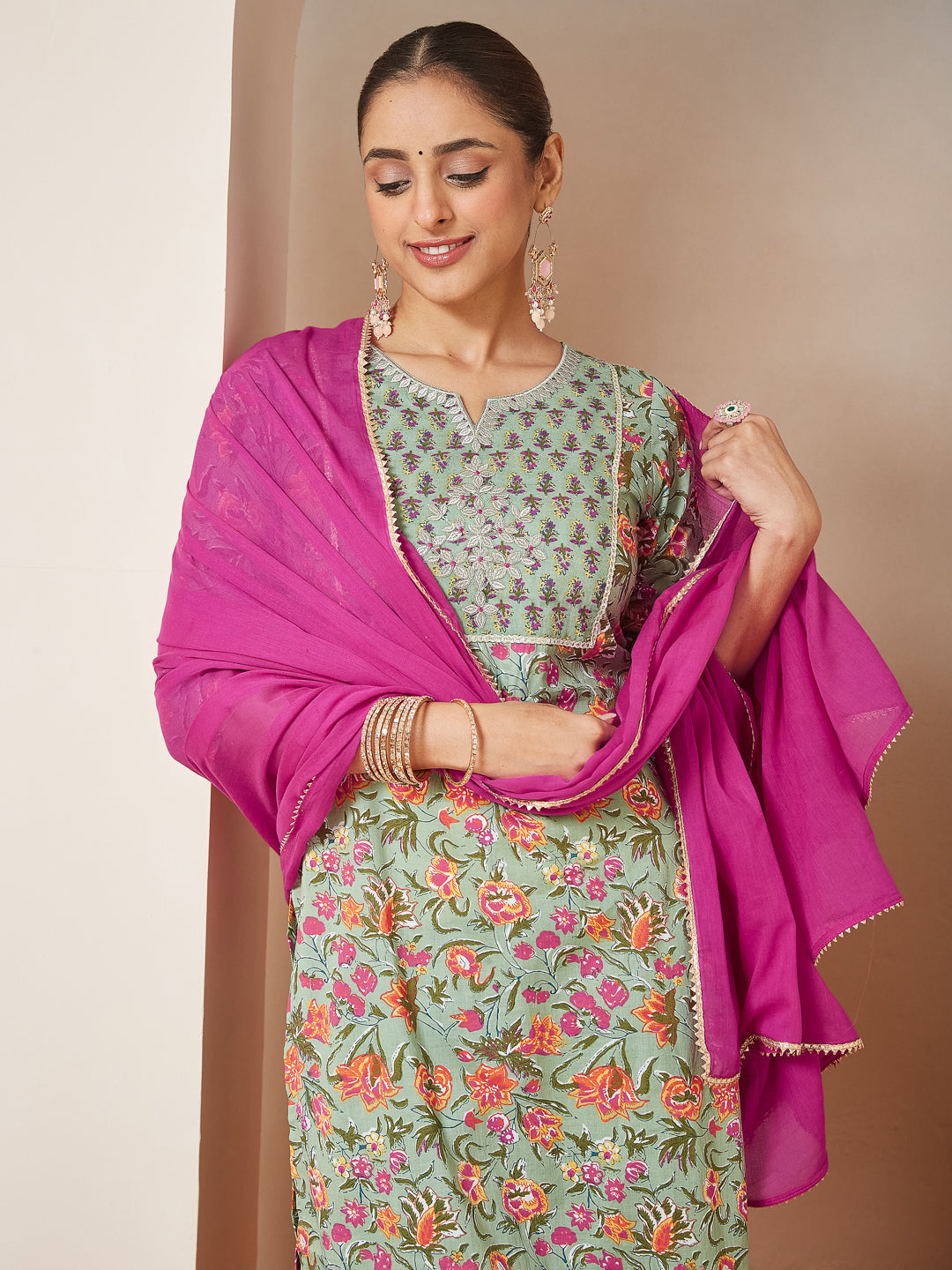 Janasya Light Cambric Floral A-Line Kurta Set | Swadesiicart