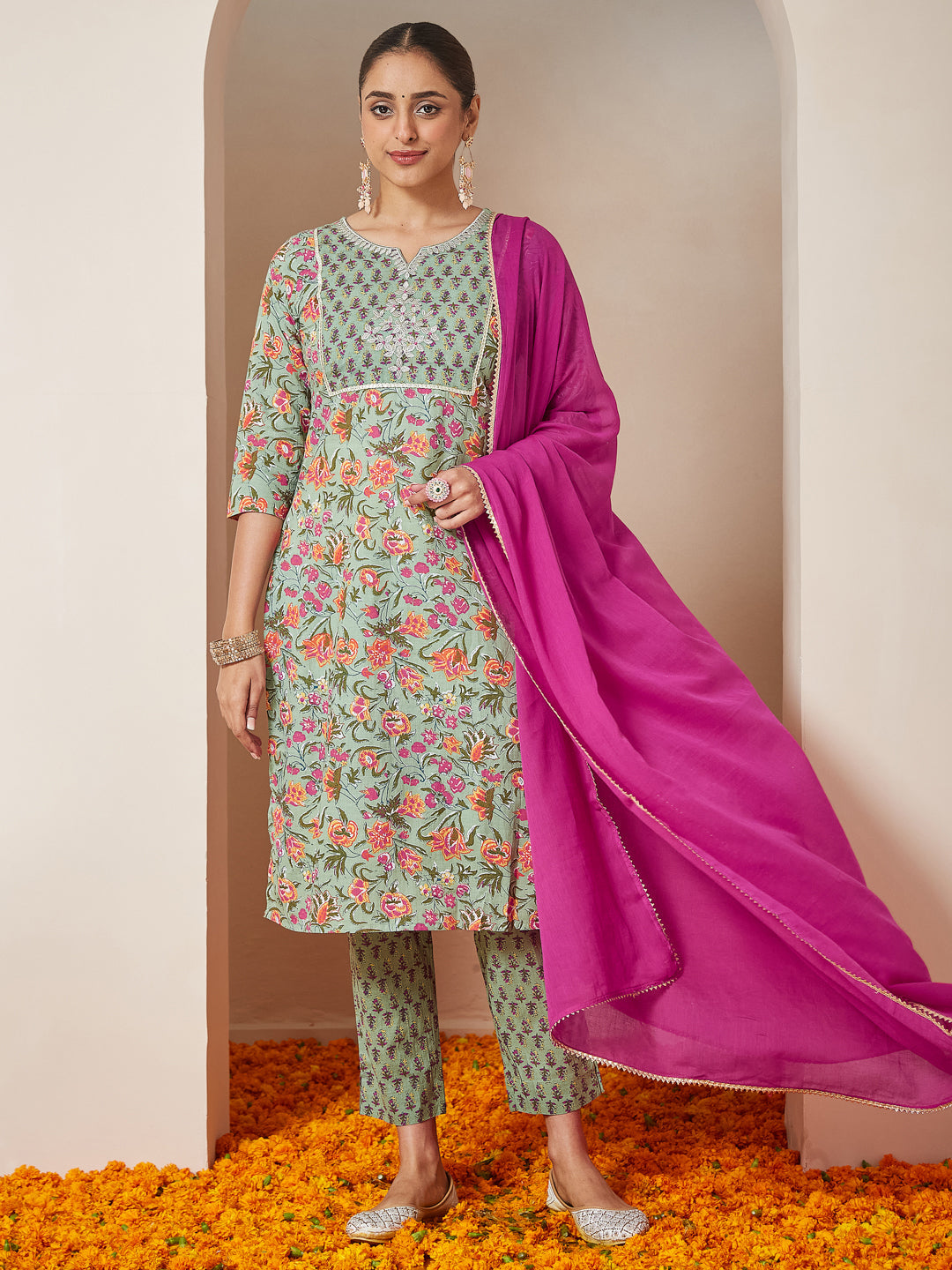 Janasya Light Cambric Floral A-Line Kurta Set | Swadesiicart