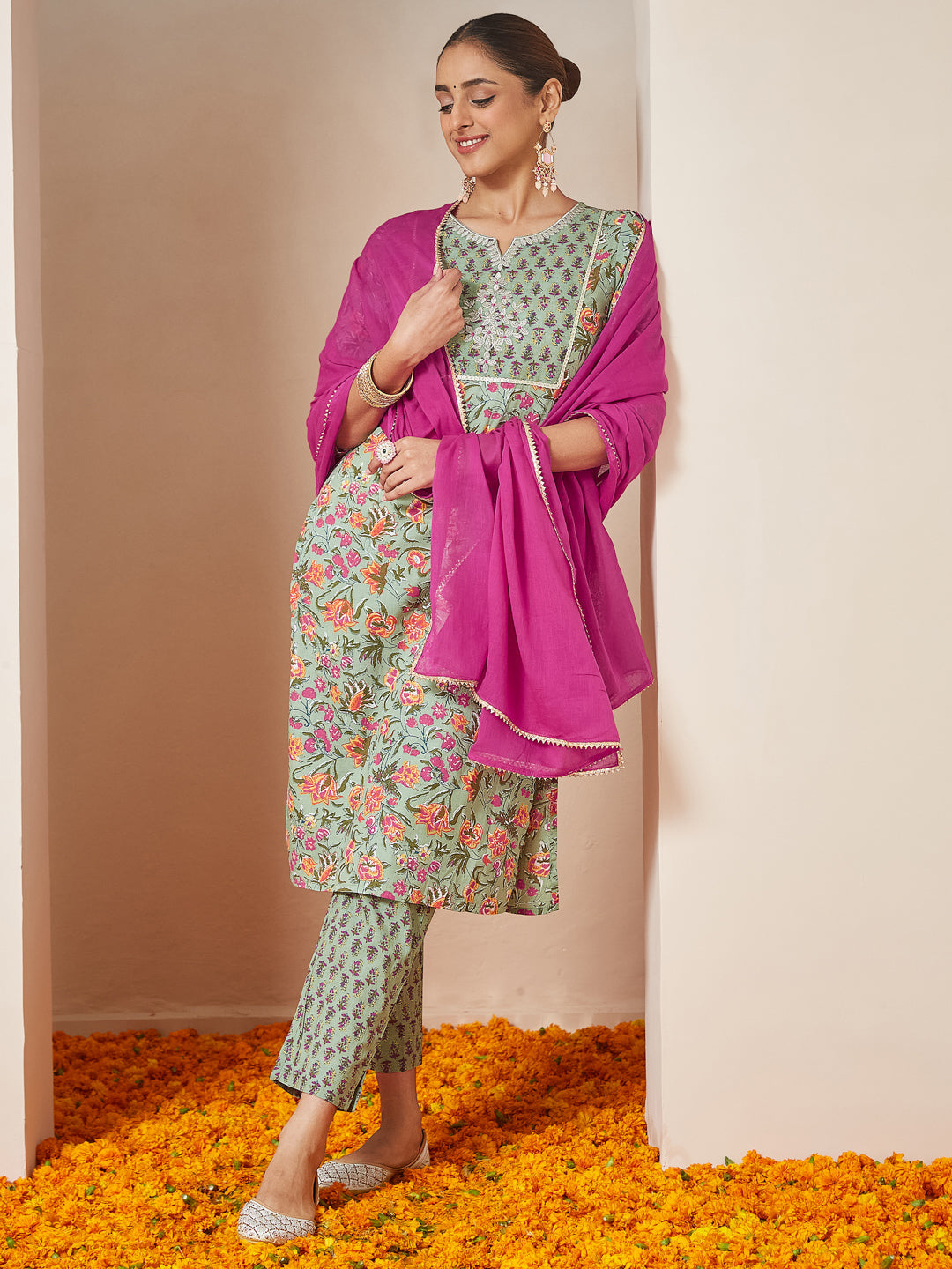 Janasya Light Cambric Floral A-Line Kurta Set | Swadesiicart