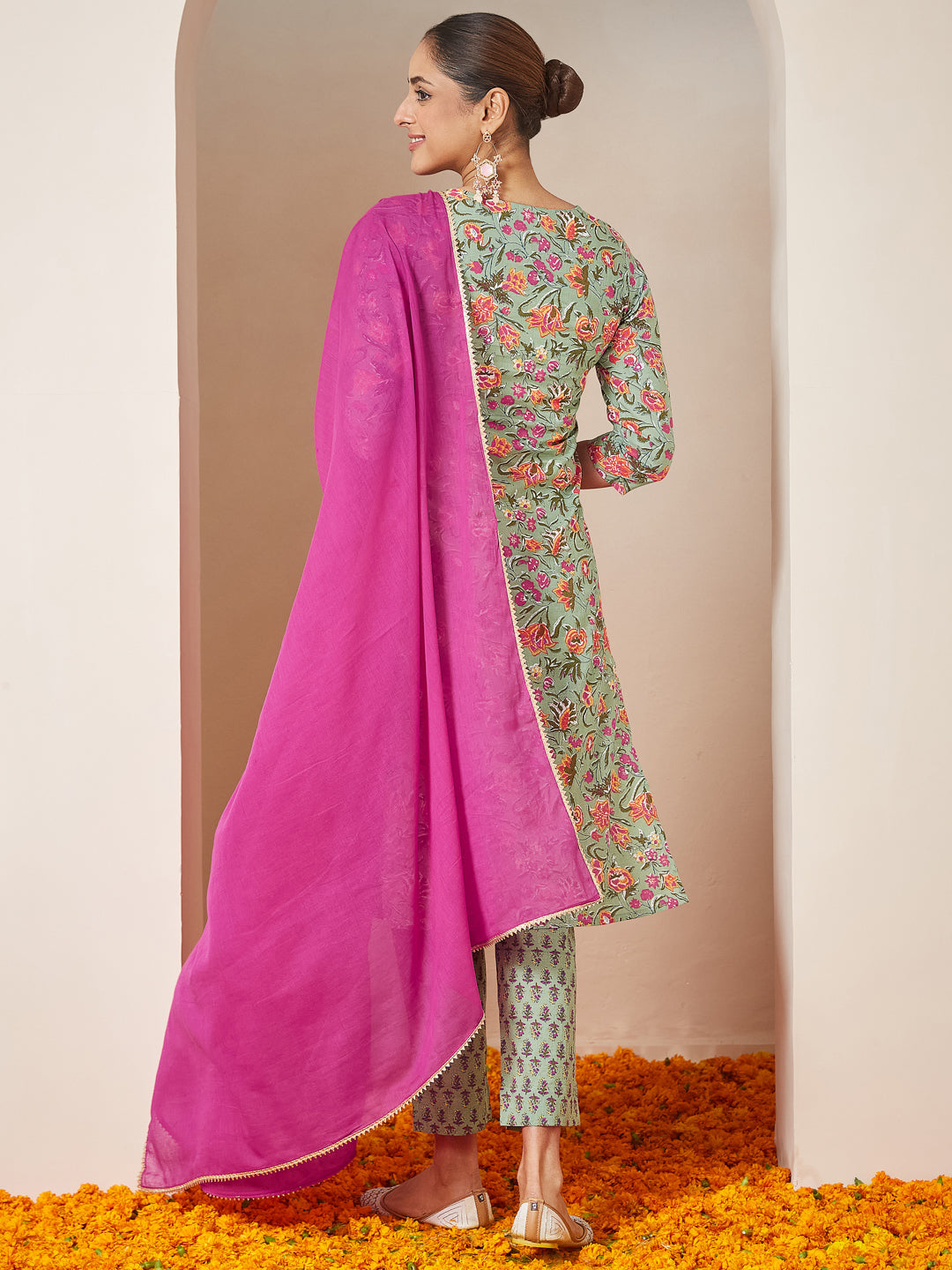 Janasya Light Cambric Floral A-Line Kurta Set | Swadesiicart