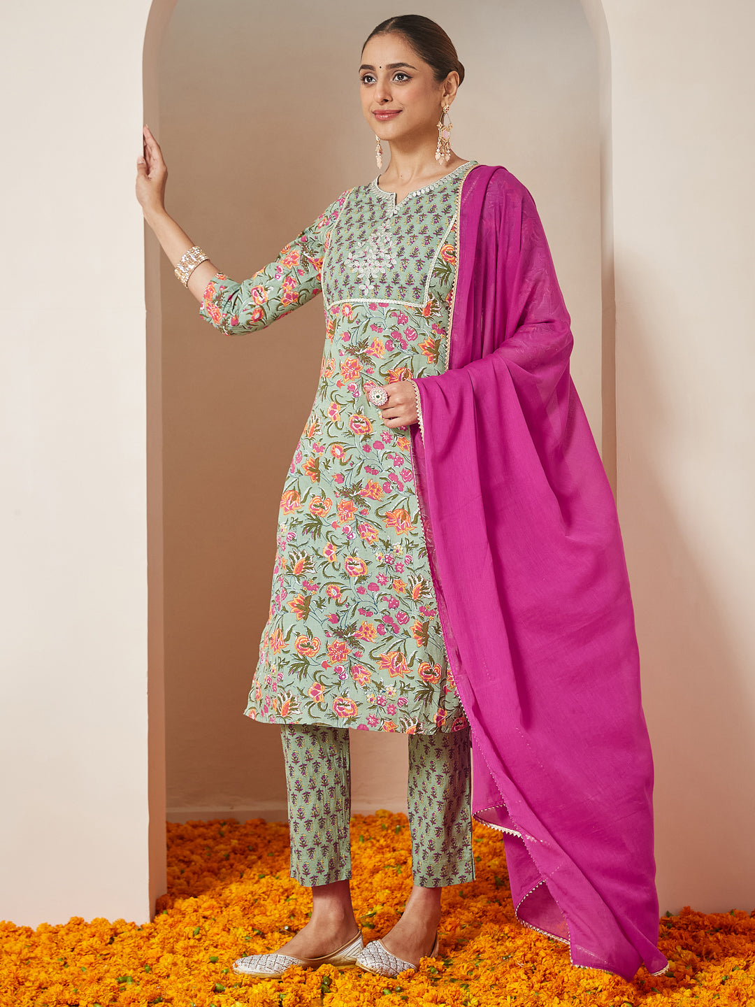 Janasya Light Cambric Floral A-Line Kurta Set | Swadesiicart
