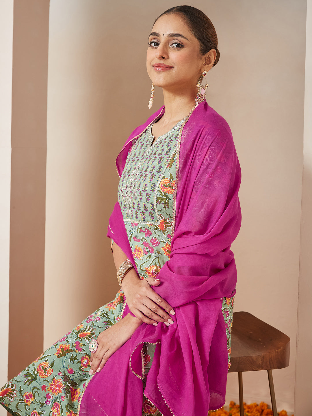 Janasya Light Cambric Floral A-Line Kurta Set | Swadesiicart