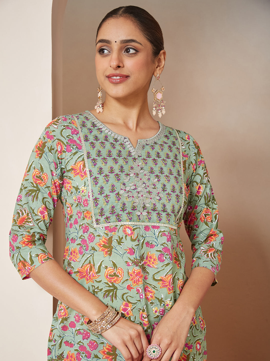 Janasya Light Cambric Floral A-Line Kurta Set | Swadesiicart