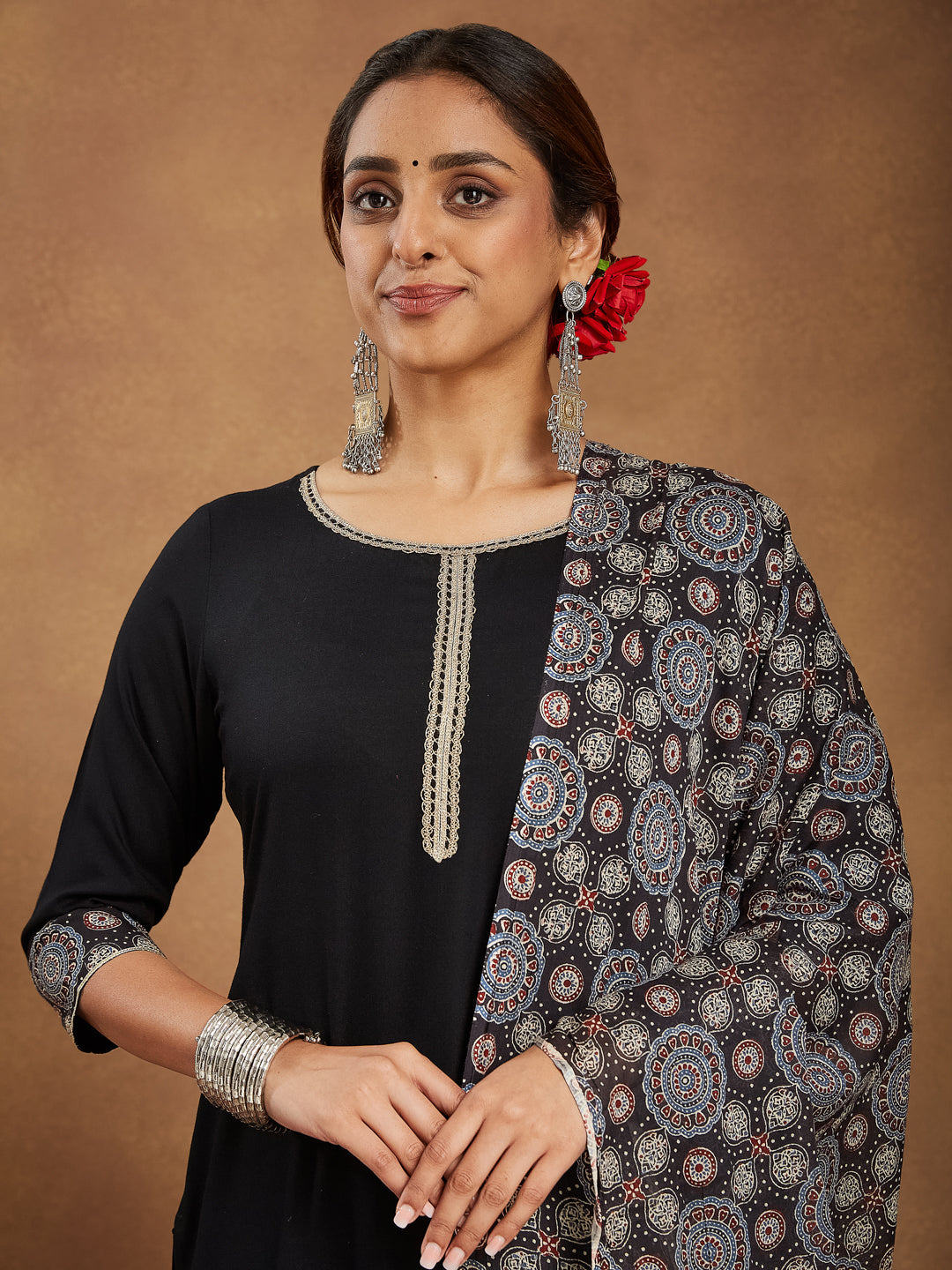 Janasya Dark Rayon Ajrakh Straight Kurta Set | Swadesiicart