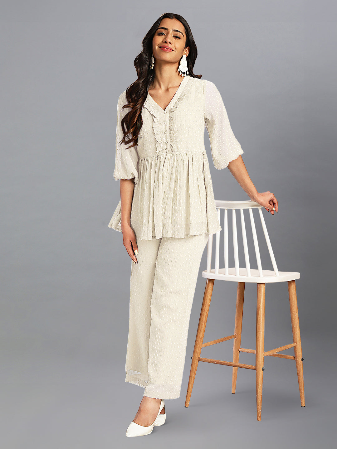 Janasya Light Dobby Chiffon Self Design Peplum Top & Bottom Set | Swadesiicart
