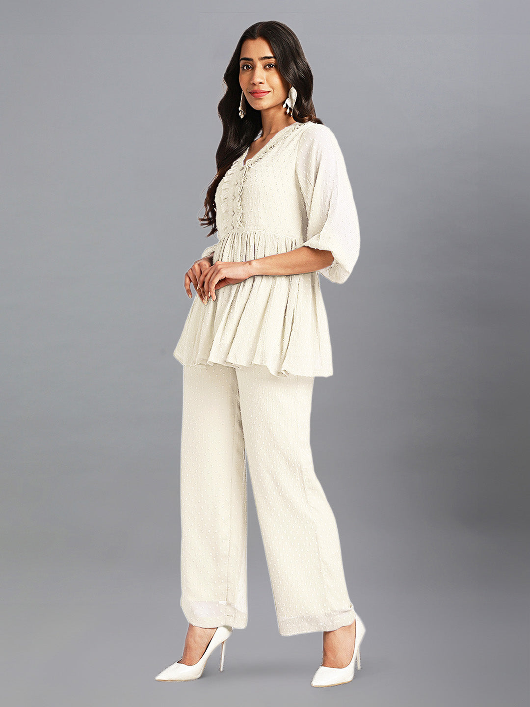Janasya Light Dobby Chiffon Self Design Peplum Top & Bottom Set | Swadesiicart