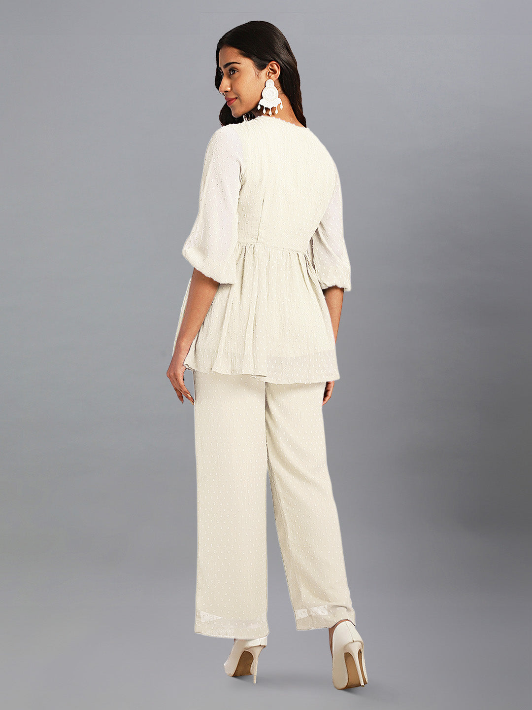 Janasya Light Dobby Chiffon Self Design Peplum Top & Bottom Set | Swadesiicart