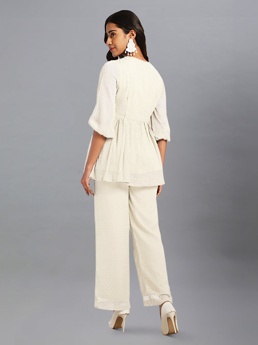 Janasya Light Dobby Chiffon Self Design Peplum Top & Bottom Set | Swadesiicart