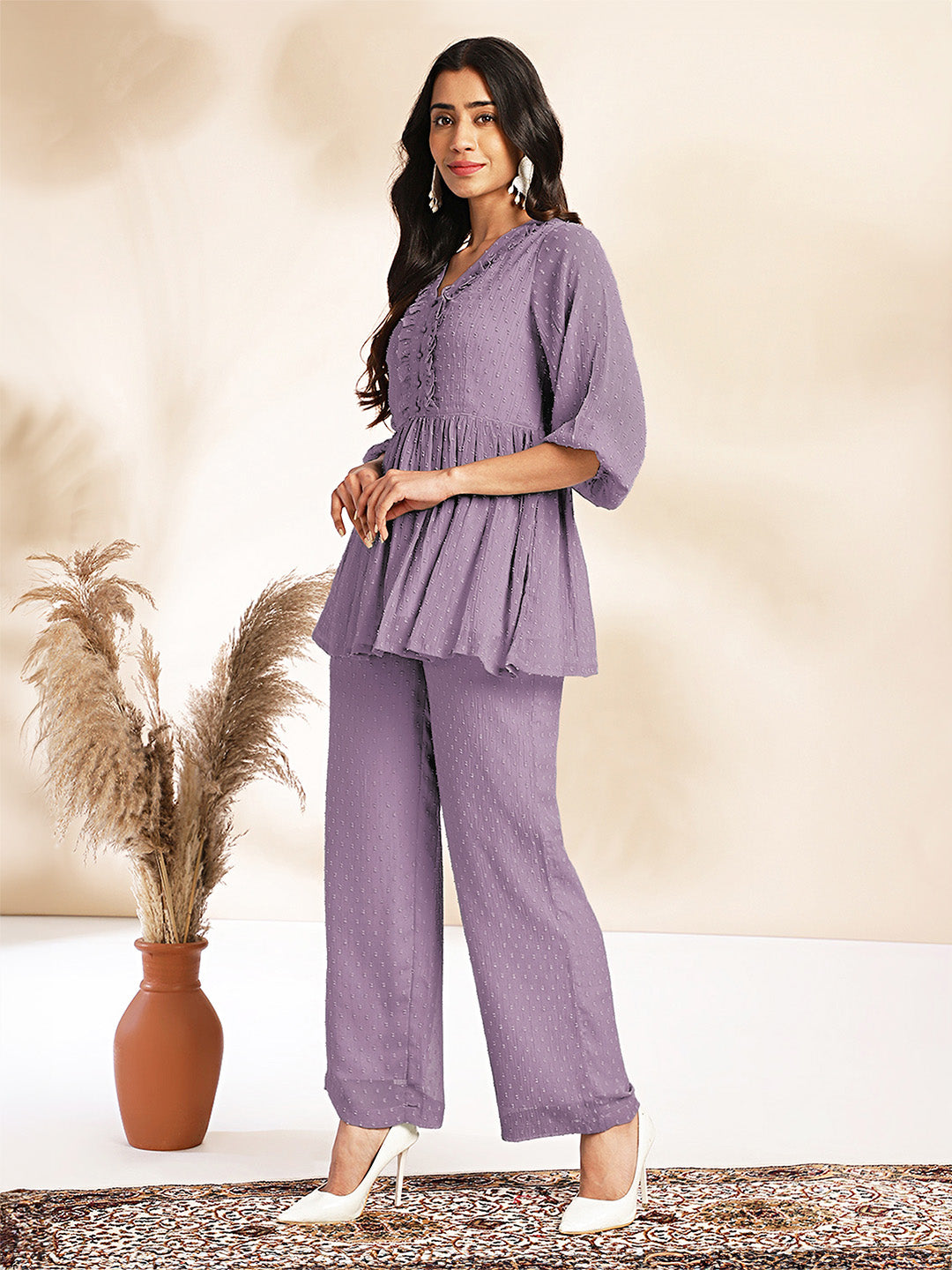 Janasya Light Dobby Chiffon Self Design Peplum Top & Bottom Set | Swadesiicart