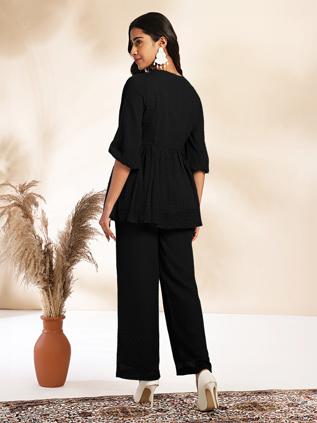 Janasya Light Dobby Chiffon Self Design Peplum Top & Bottom Set | Swadesiicart