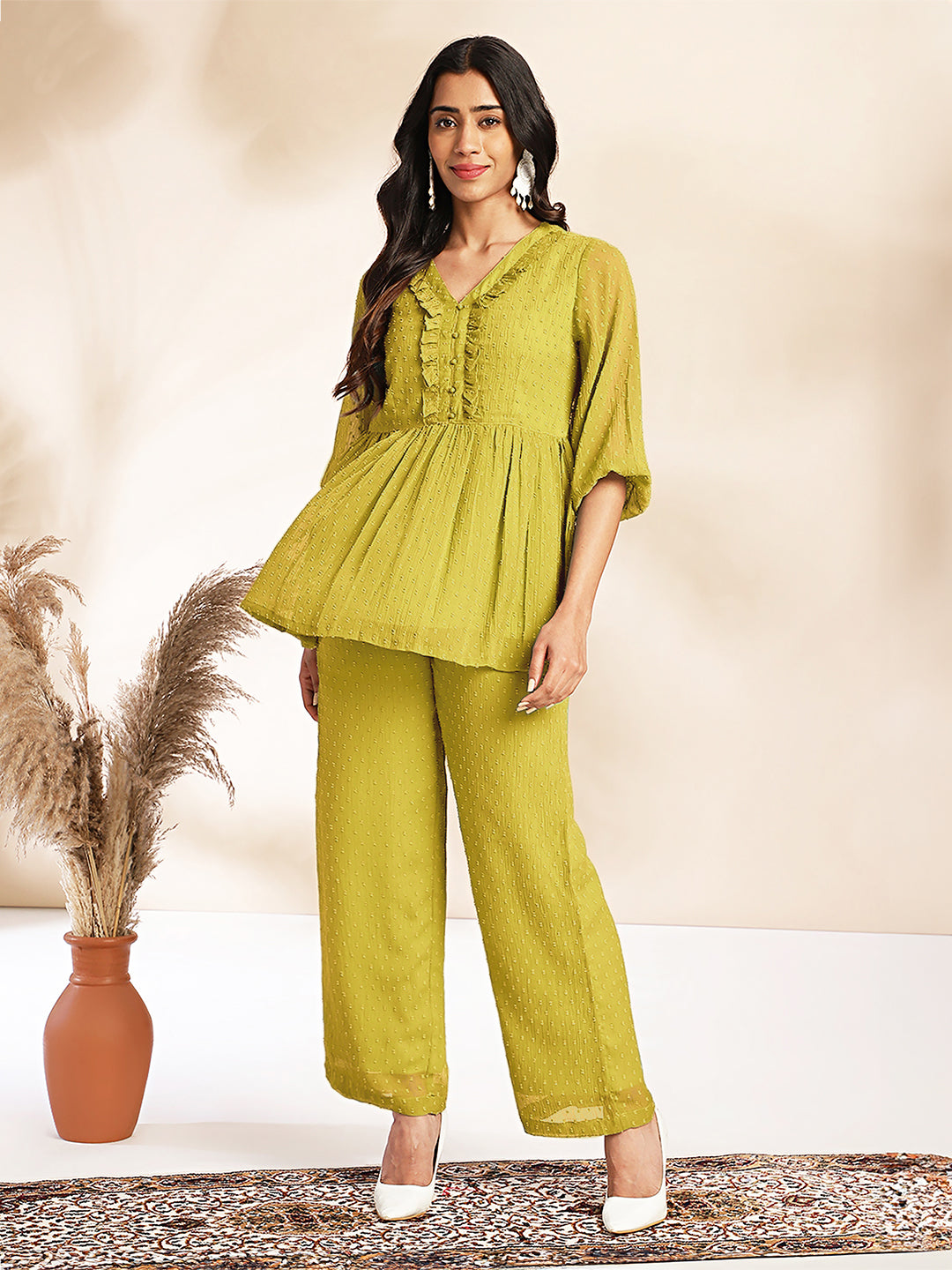 Janasya Light Dobby Chiffon Self Design Peplum Top & Bottom Set | Swadesiicart