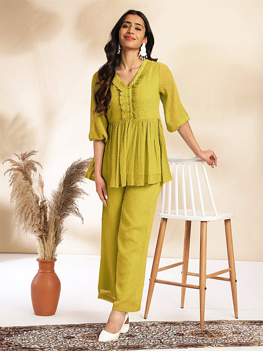 Janasya Light Dobby Chiffon Self Design Peplum Top & Bottom Set | Swadesiicart