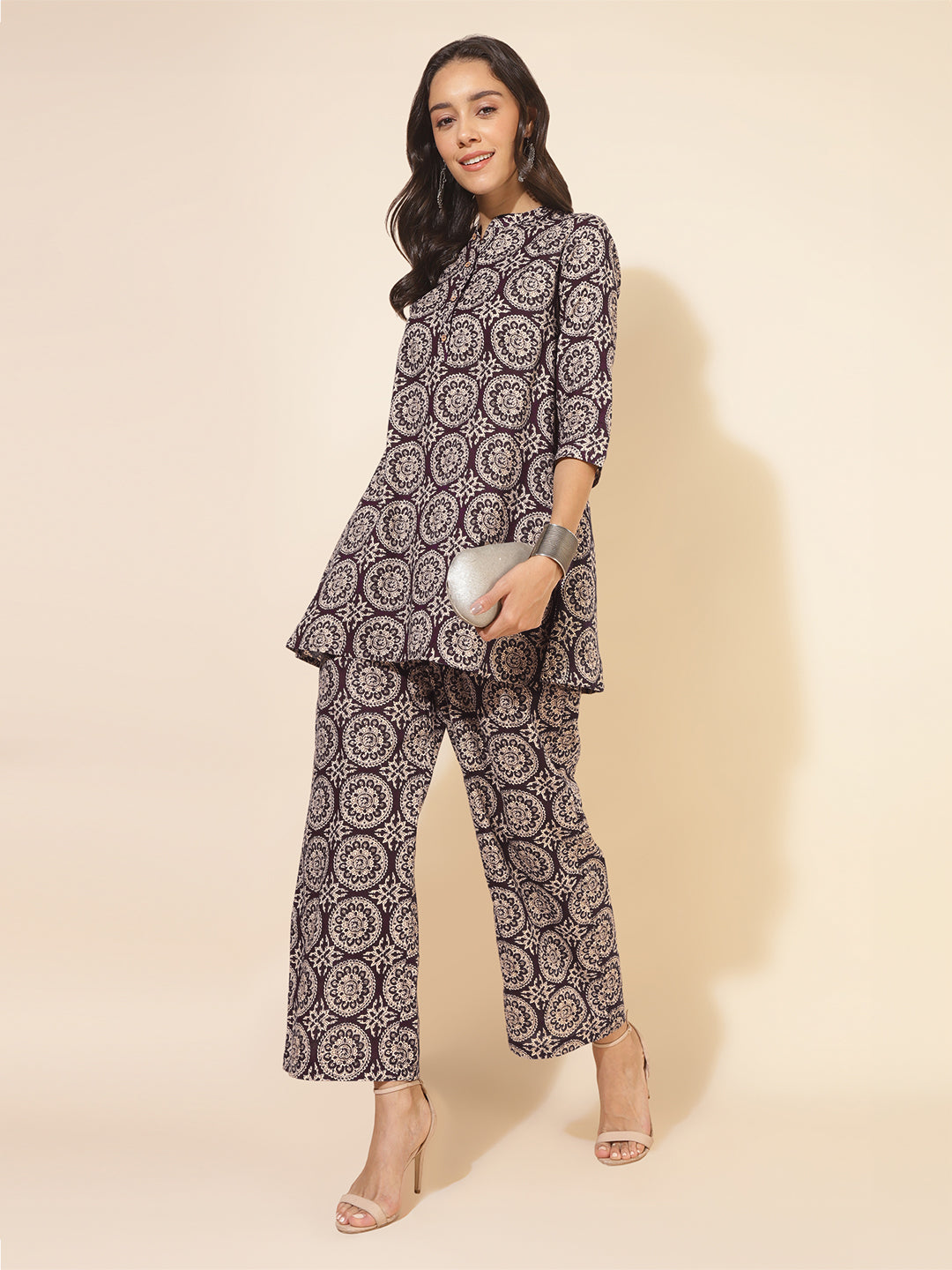 Janasya Dark Cotton Ethnic Motifs A-Line Top & Bottom Set | Swadesiicart