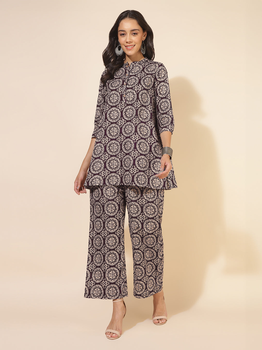 Janasya Dark Cotton Ethnic Motifs A-Line Top & Bottom Set | Swadesiicart