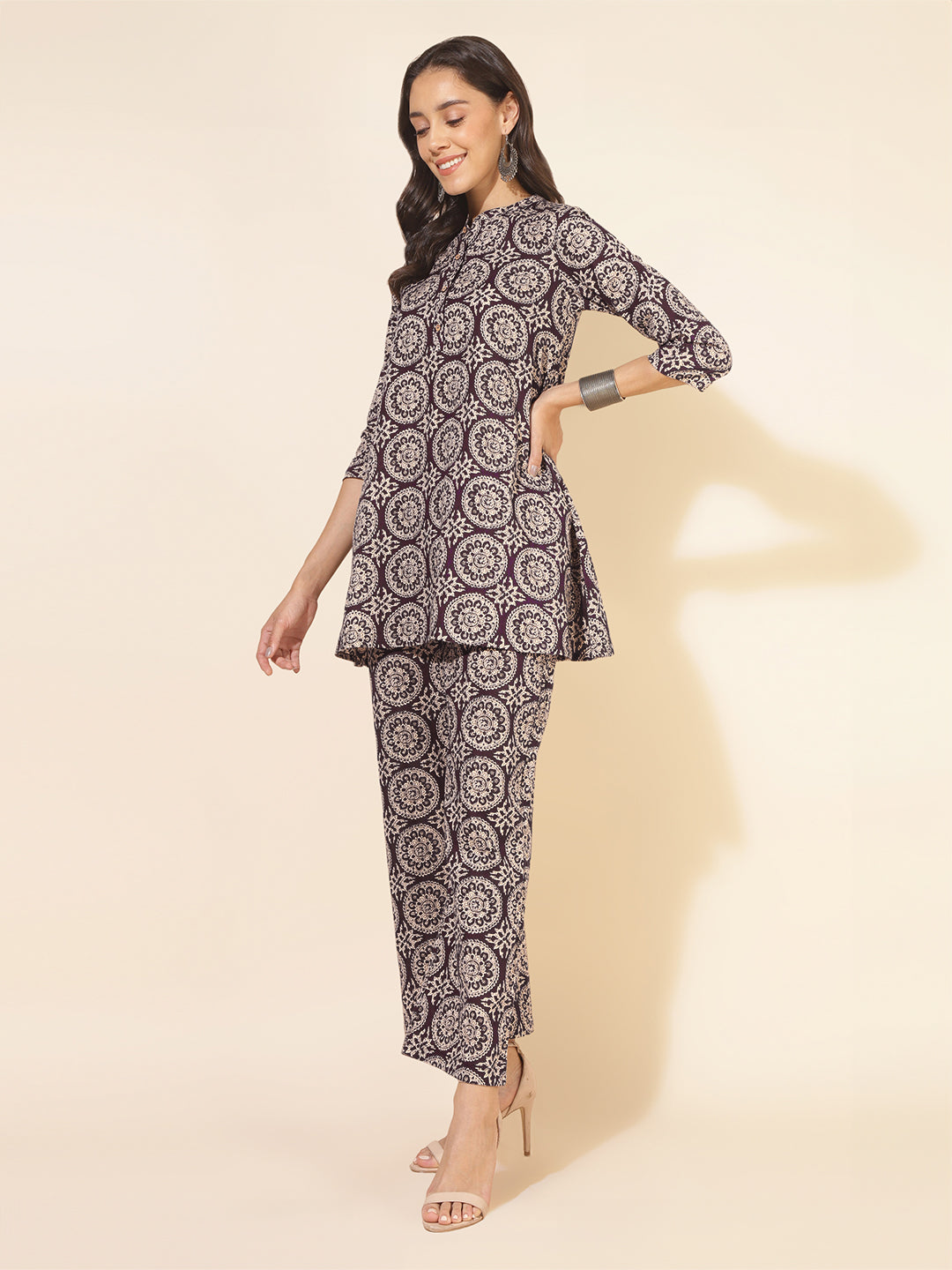 Janasya Dark Cotton Ethnic Motifs A-Line Top & Bottom Set | Swadesiicart