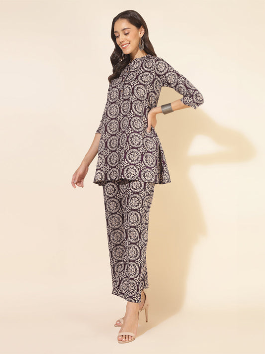 Janasya Dark Cotton Ethnic Motifs A-Line Top & Bottom Set | Swadesiicart