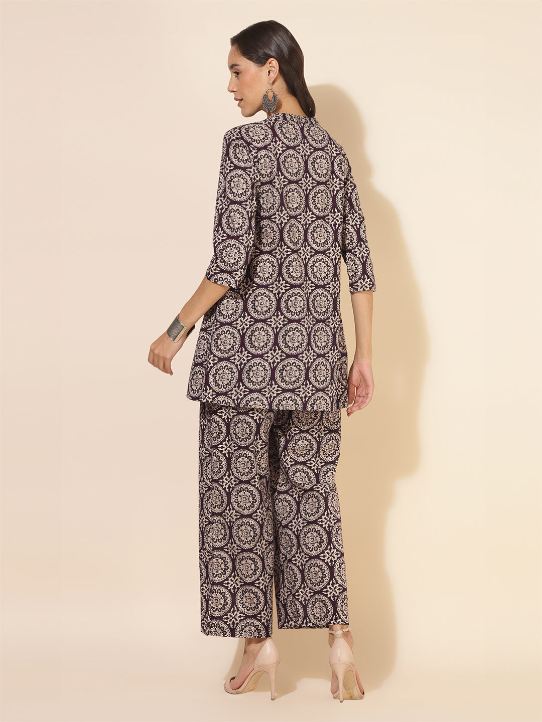 Janasya Dark Cotton Ethnic Motifs A-Line Top & Bottom Set | Swadesiicart