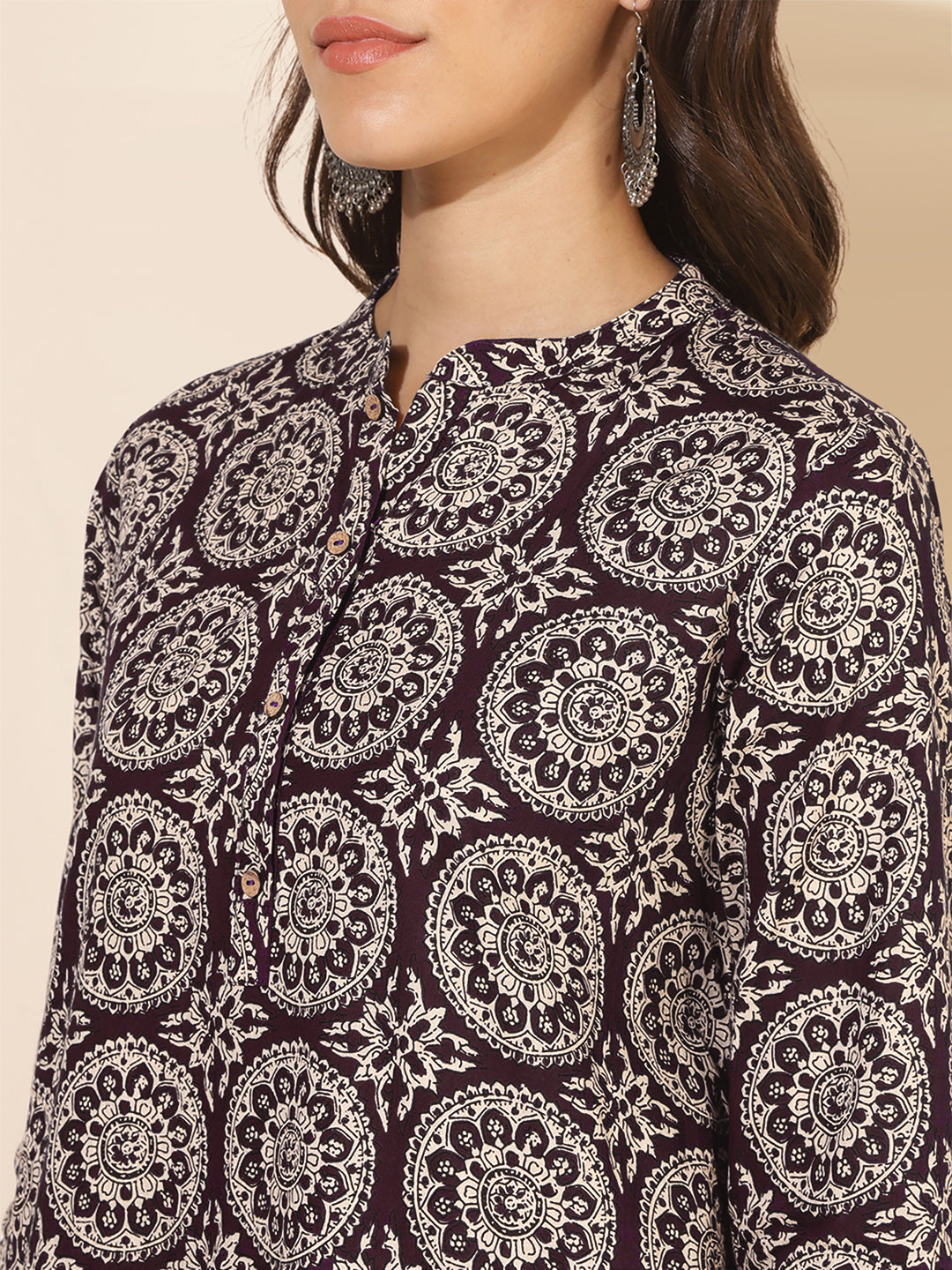 Janasya Dark Cotton Ethnic Motifs A-Line Top & Bottom Set | Swadesiicart