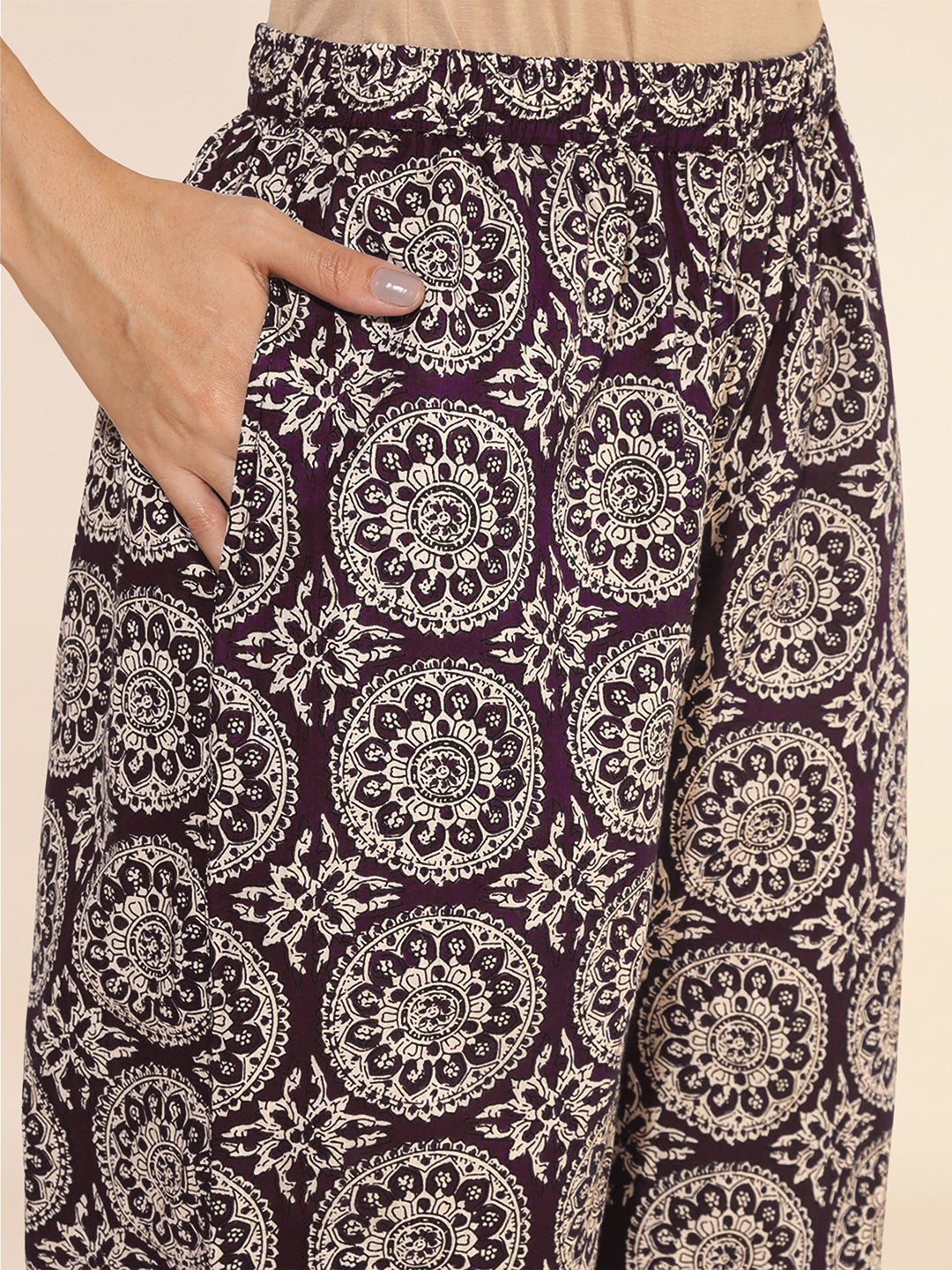 Janasya Dark Cotton Ethnic Motifs A-Line Top & Bottom Set | Swadesiicart