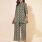 Janasya Dark Cotton Ethnic Motifs A-Line Top & Bottom Set | Swadesiicart