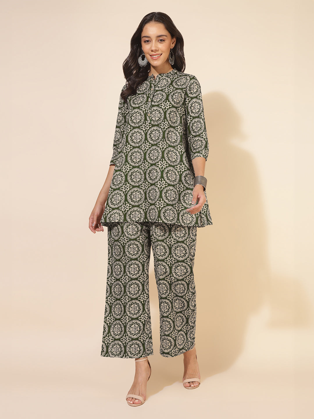 Janasya Dark Cotton Ethnic Motifs A-Line Top & Bottom Set | Swadesiicart