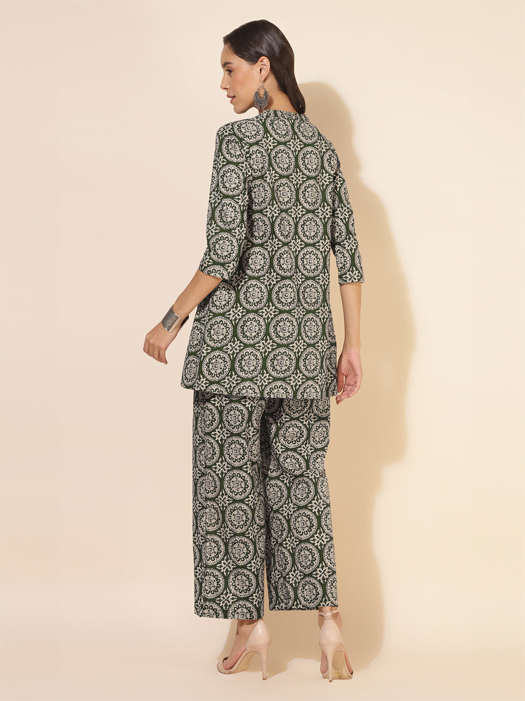 Janasya Dark Cotton Ethnic Motifs A-Line Top & Bottom Set | Swadesiicart