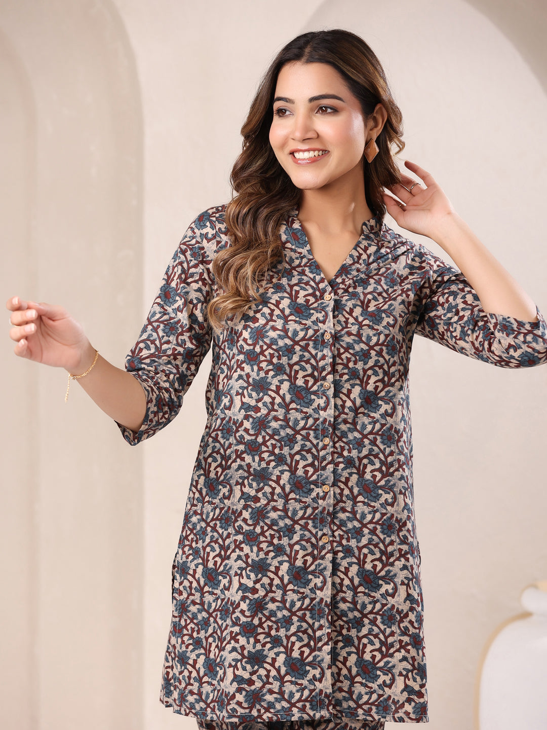 Janasya Dark Cotton Floral Straight Top & Bottom Set | Swadesiicart