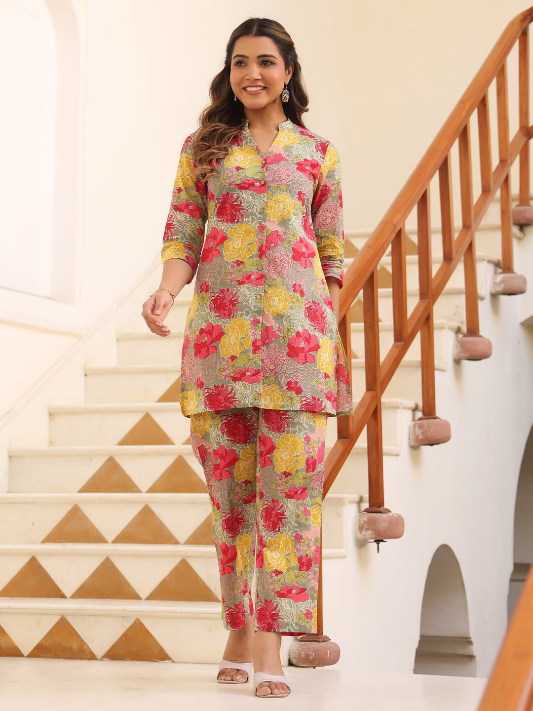 Janasya Dark Cotton Floral Straight Top & Bottom Set | Swadesiicart
