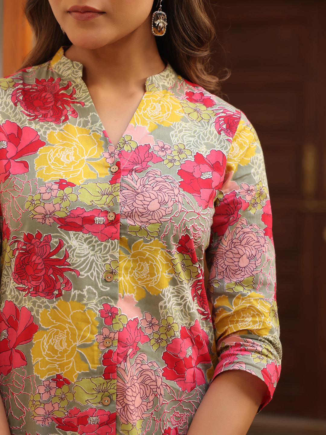 Janasya Dark Cotton Floral Straight Top & Bottom Set | Swadesiicart