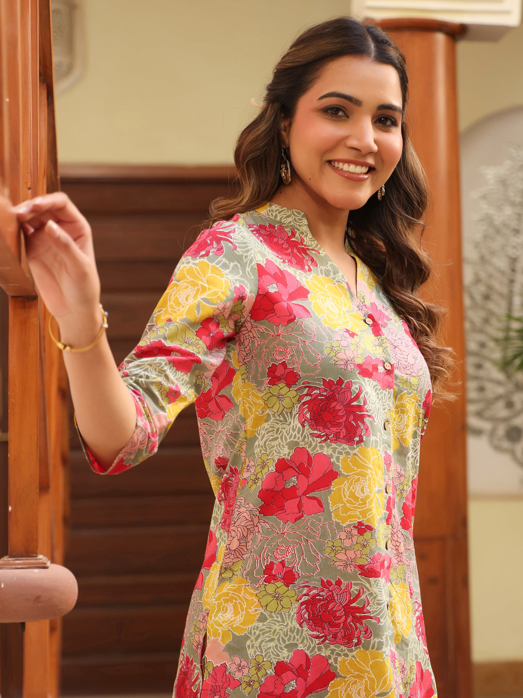 Janasya Dark Cotton Floral Straight Top & Bottom Set | Swadesiicart