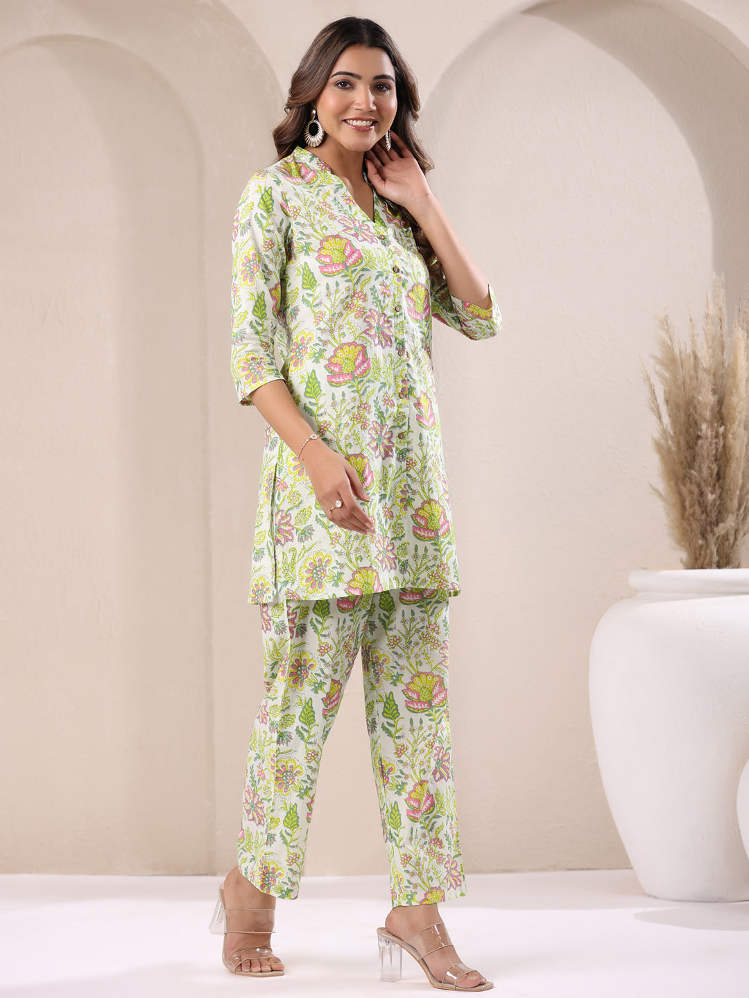 Janasya Light Cotton Floral Straight Top & Bottom Set | Swadesiicart