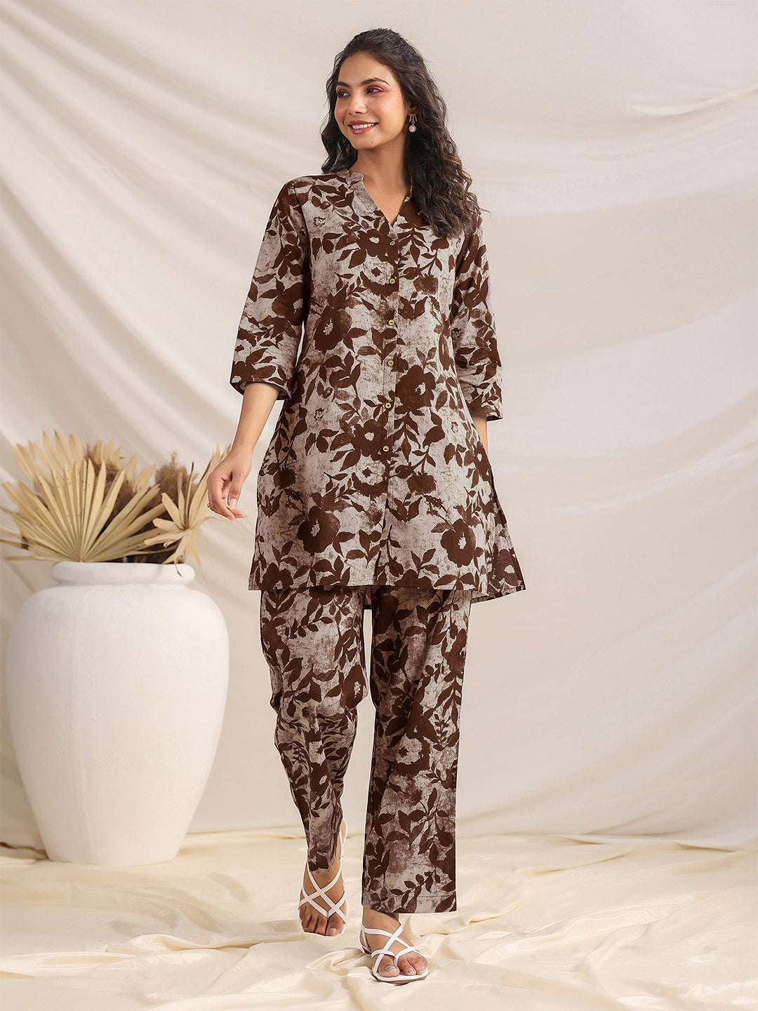Janasya Dark Cotton Floral Straight Top & Bottom Set | Swadesiicart