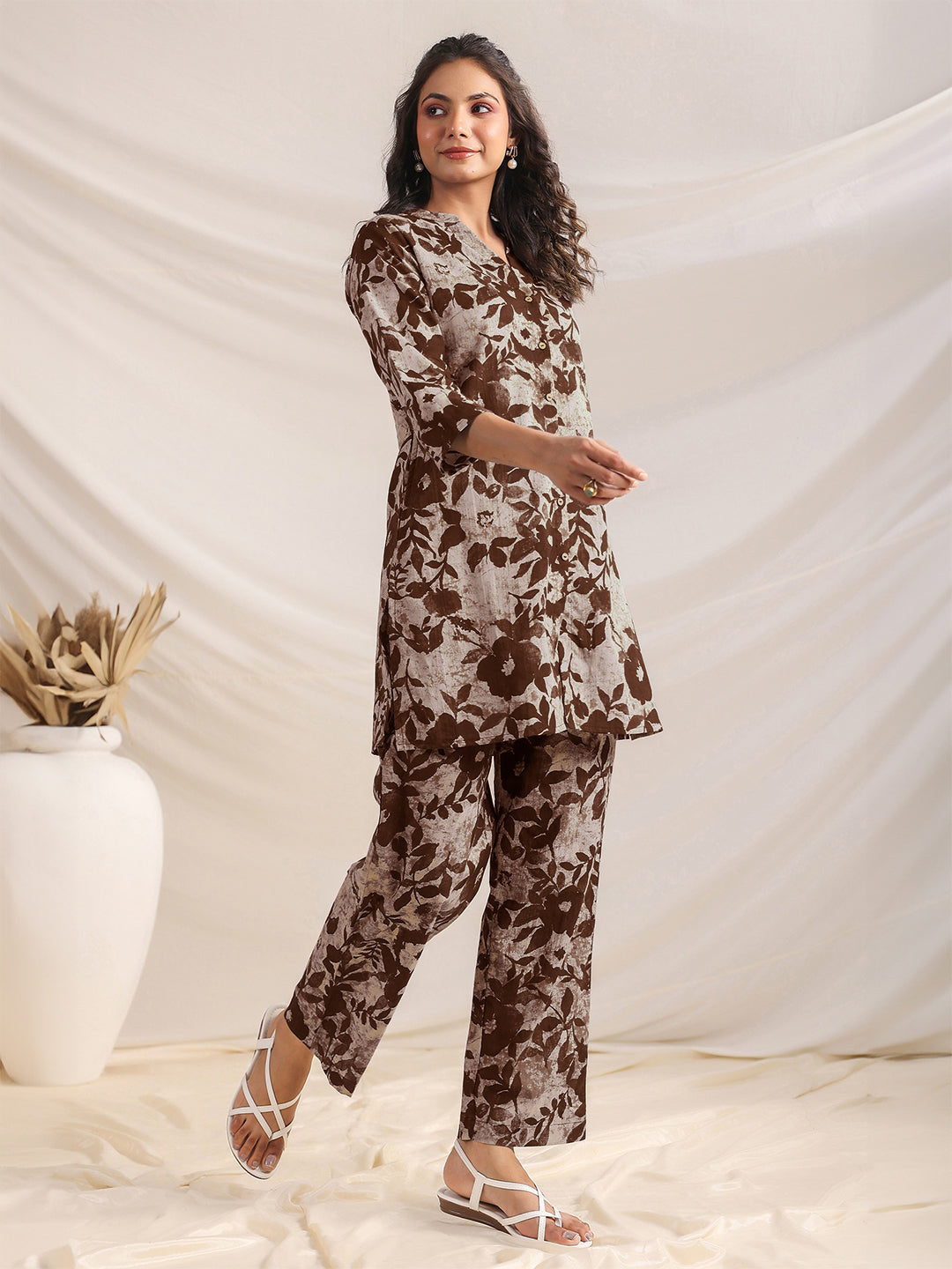 Janasya Dark Cotton Floral Straight Top & Bottom Set | Swadesiicart