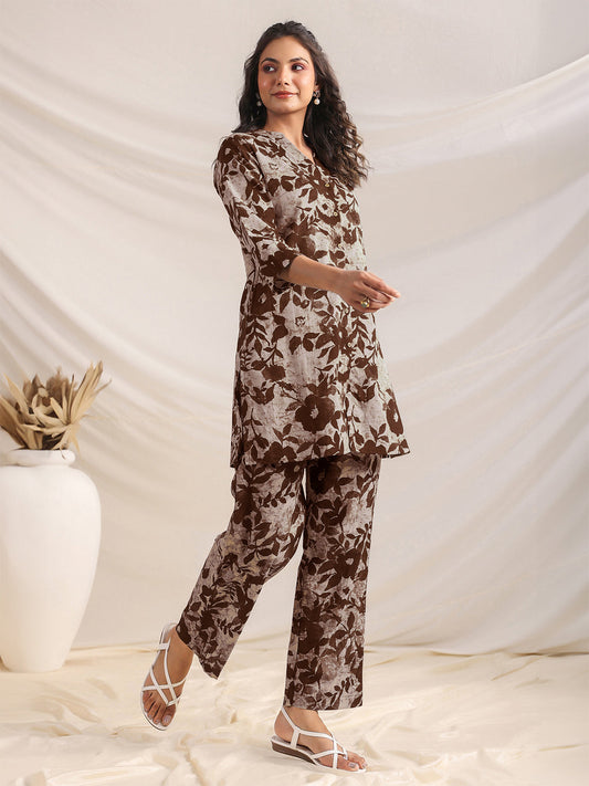 Janasya Dark Cotton Floral Straight Top & Bottom Set | Swadesiicart