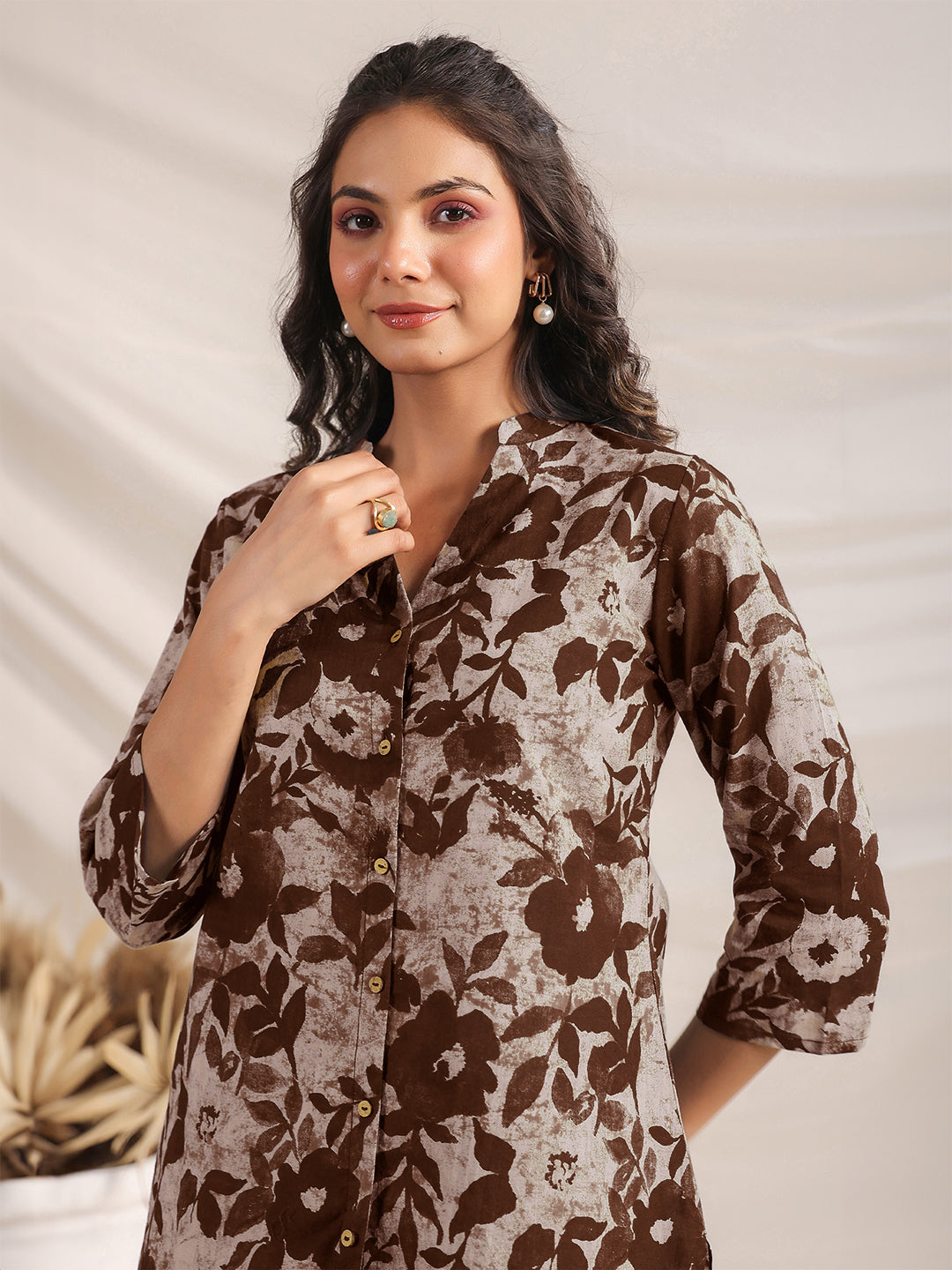 Janasya Dark Cotton Floral Straight Top & Bottom Set | Swadesiicart