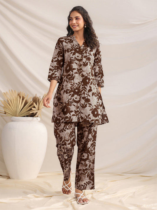 Janasya Dark Cotton Floral Straight Top & Bottom Set | Swadesiicart