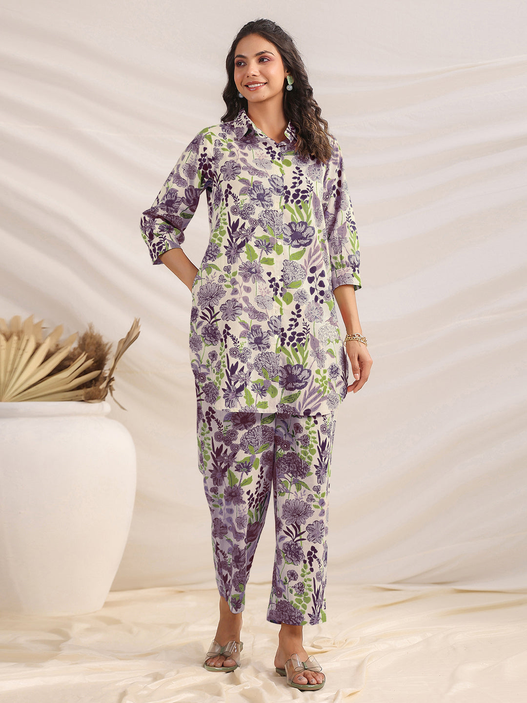 Janasya Light Cotton Floral Shirt Top & Bottom Set | Swadesiicart