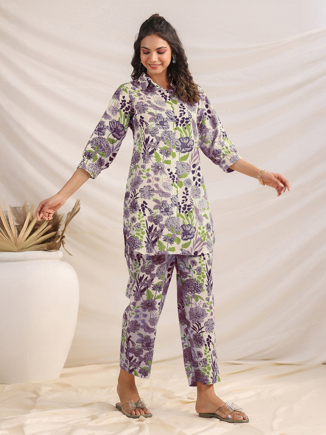 Janasya Light Cotton Floral Shirt Top & Bottom Set | Swadesiicart