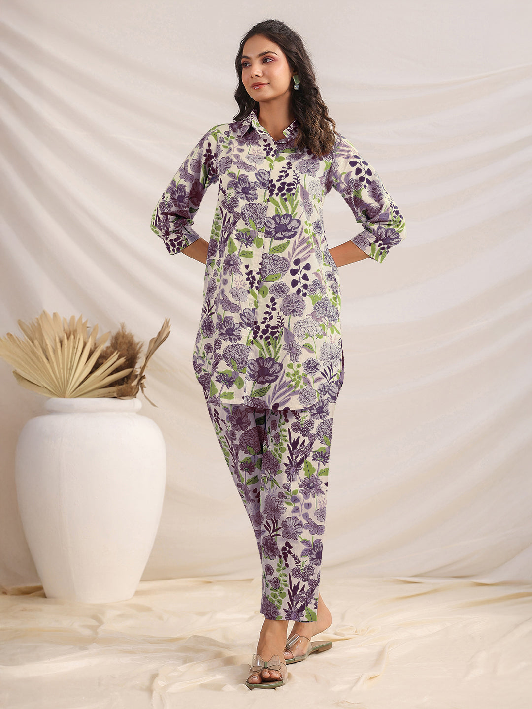 Janasya Light Cotton Floral Shirt Top & Bottom Set | Swadesiicart