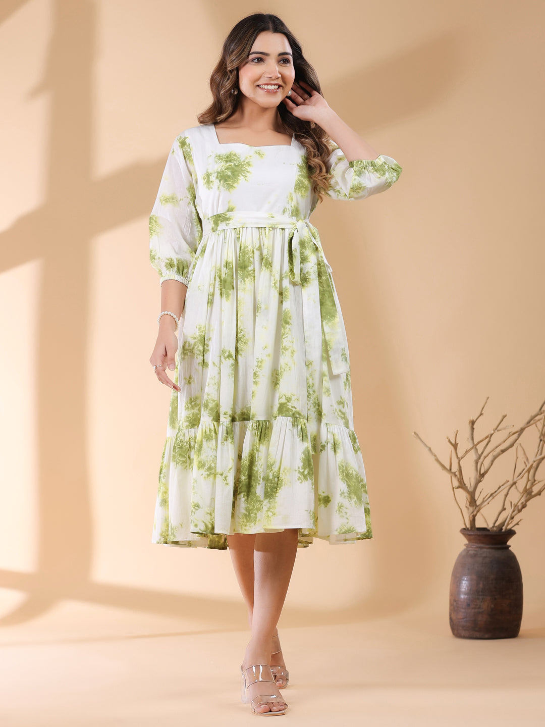 Janasya Bright Cotton Tie & dye Tiered Dress | Swadesiicart