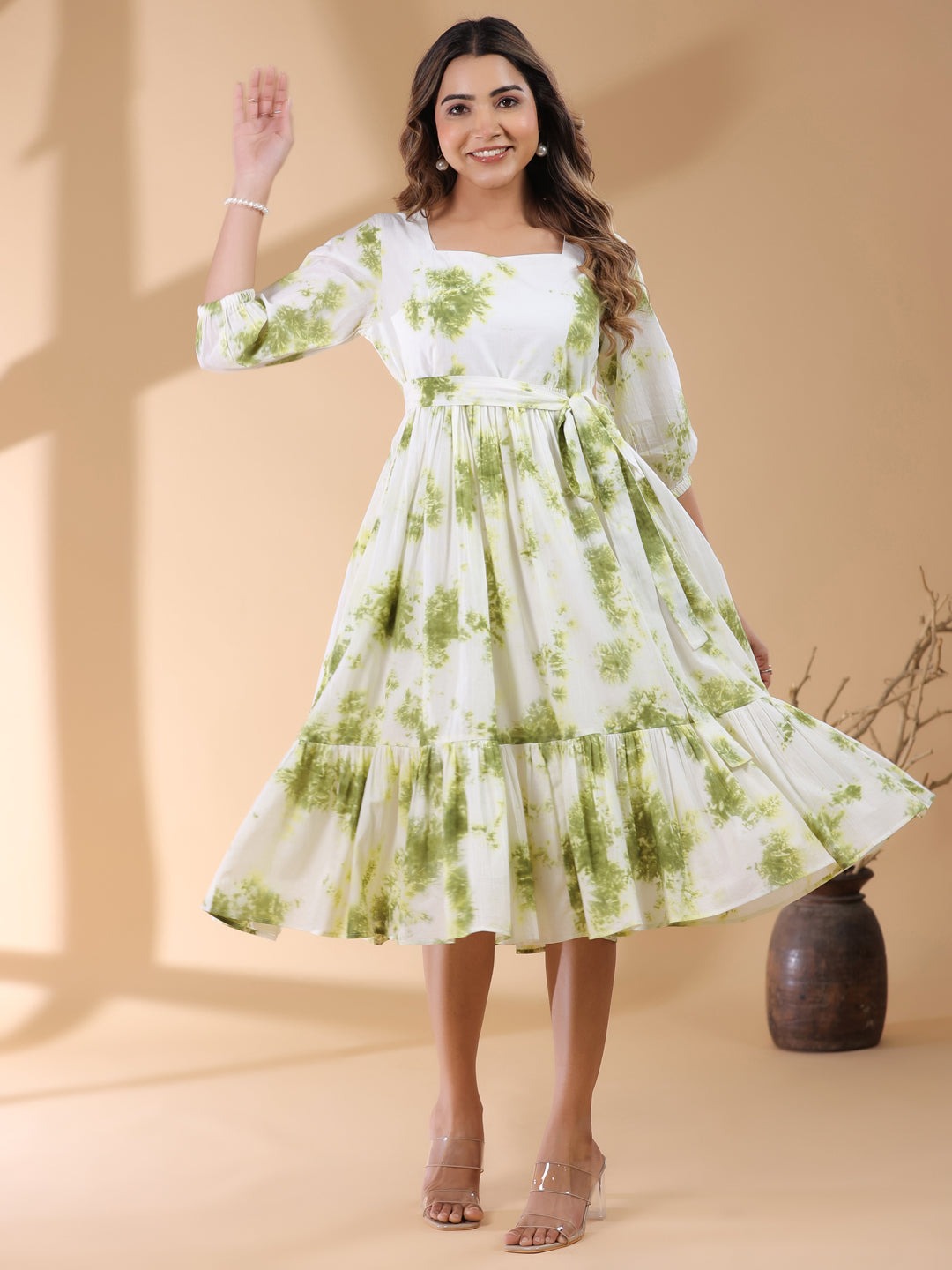 Janasya Bright Cotton Tie & dye Tiered Dress | Swadesiicart