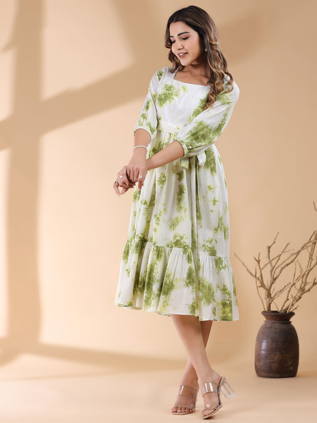 Janasya Bright Cotton Tie & dye Tiered Dress | Swadesiicart