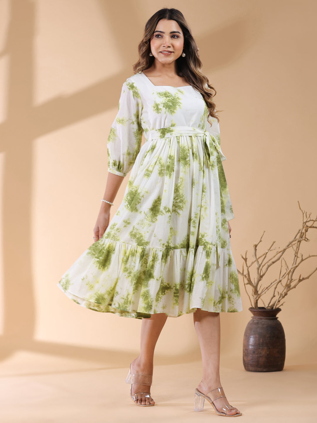 Janasya Bright Cotton Tie & dye Tiered Dress | Swadesiicart