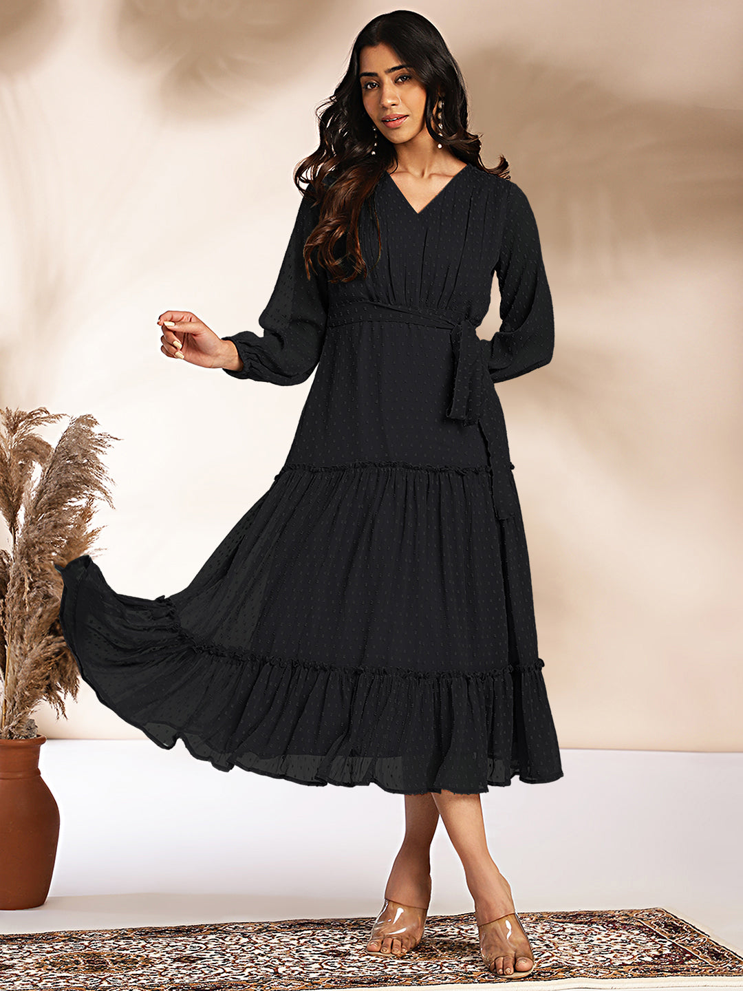 Janasya Dark Dobby Chiffon Woven Design Tiered Dress | Swadesiicart